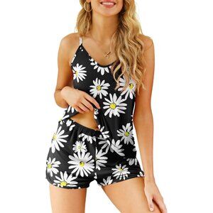 POKWAI Womens Black Cami Shorts Pajama Sets Soft Lounge Set Sleep Sleepwear